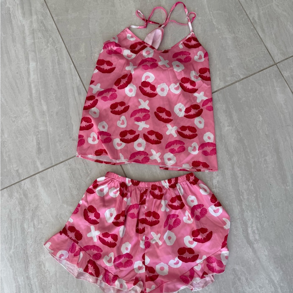 Pink Lip Print Satin Cami & Shorts Sleep Set